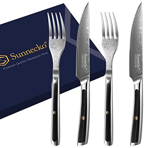 Sunnecko Damascus Steak Knife and Fork Set of 4, Damascus Steel VG-10 Serrated Knives, Steak Knife Set with G10 Handle Tableware Cutlery Set