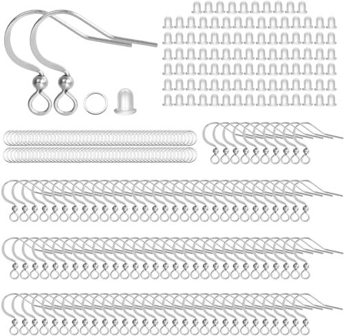 Fyfjur 300 Pezzi S925 Argento Ganci Orecchini, Monachelle per Orecchini Anallergici con Tappo per le Orecchie e Bobina, Ganci per Orecchini Rame Placcato Argento, Orecchini Fai Da Te (Argento)