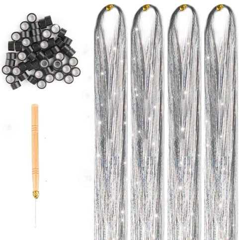 800 Hair Tinsel,120cm Glitzer Haarsträhnen Lametta,Haar Lametta mit Werkzeug,Silber Glitzer Haarverlängerung zum Flechten,Sparkle Tinsel Hair Extensions für Frauen Mädchen Kinder Cosplay Party Zubehör