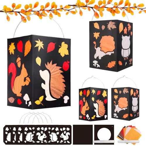 DKINY 4PCS Laternen Bastelset Kinder Waldtiere Laternen zum Selber Basteln Herbsttiere Papierlaternen Bastelsets DIY Igel Eule Eichhörnchen Kreativset Herbst Laterne Basteln Geschenk Junge Mädchen