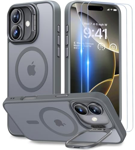 Beeasy für iPhone 16 Hülle mit Ständer, Handyhülle mit 2 Stück Schutzfolie, Magnetische Stoßfest Schutzhülle für iPhone 16 Case 6,1 Zoll, Durchscheinend Matt Grau