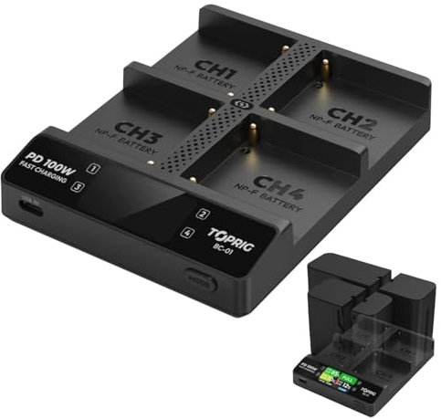 Accsoon Toprig BC-01 NP-F Caricabatterie Rapido 100W 4 Canali con Display LCD Ingresso USB-C PD Compatibile con Sony NP-F550, NP-F750, NP-F970, Video e Fotocamere Professionali