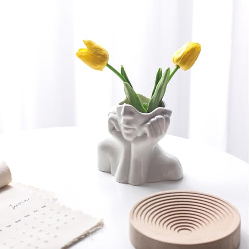 Gesicht Vase,Keramik Körper Schreibtisch Dekor,Blume Vase Weibliche Form Ideale Regal,Moderne Weiße Blumenvase Tischdekoration,Wohnzimmer, Büro, Café,kleine Dekoration (Small)