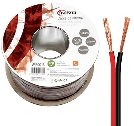 VoltShine Cable altavoz 2x1,50mm 100m rojo/negro, ideal para sistemas de sonido y conexión de altavoces en instalaciones de audio.