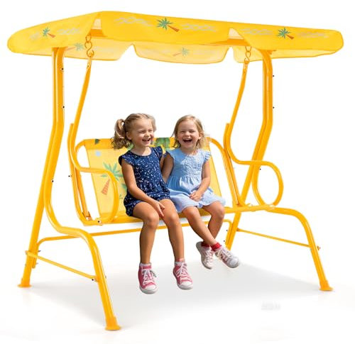 COSTWAY Kinder Hollywoodschaukel, 2-Sitzer Kinderschaukel mit verstellbarem Sonnendach & Metallgestell, Gartenschaukel mit Sicherheitsgurten, Schaukelbank Gartenbank für Kinder (Gelb)