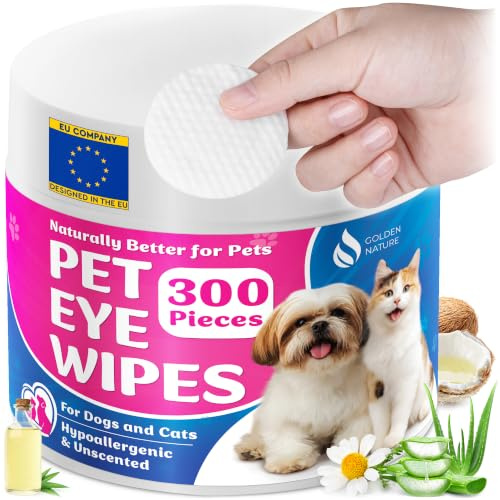 Toallitas para Ojos para Perros y Gatos, 300 Toallitas de Limpieza | Golden Nature - Toallitas Desechables Suaves para los Ojos de Mascotas - Eliminan Manchas de Lágrimas, Costras y Secreciones