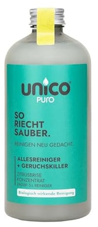 unicopuro® Allesreiniger Konzentrat 500 ml Zitrusbrise – ergiebiger Universalreiniger & Geruchskiller mit Mikroben–ergibt 5 Liter Reiniger–biologisch abbaubar, kennzeichnungsfrei, 8 Signature Düfte