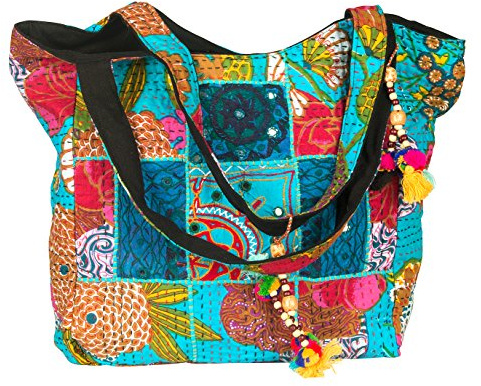 Tribe Azure Groß Oversize Blau Leinen Schulter Tasche Handtasche Individuell Tote-Bag, Quilt Vintage Strand Reise Sommer