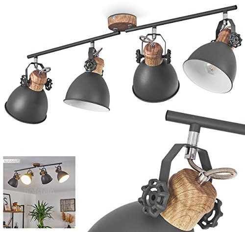 Deckenstrahler Banjul, industrielle Deckenlampe aus Metall in grau/holzoptik, 4 x E27, 4-flammig, Ø Schirm 15 cm, Höhe 26,5 cm, beliebig dreh-/schwenkbar, ohne Leuchtmittel