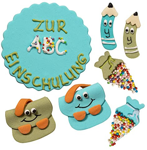 Bombasei Jungen Einschulung Fondant Deko Set 25 Tlg. | essbare Einschulung Tortendeko | ABC Kuchendeko Schulanfang | Zuckerdekor für Torten | HANDMADE IN EU | Neue bruchsichere Verpackung