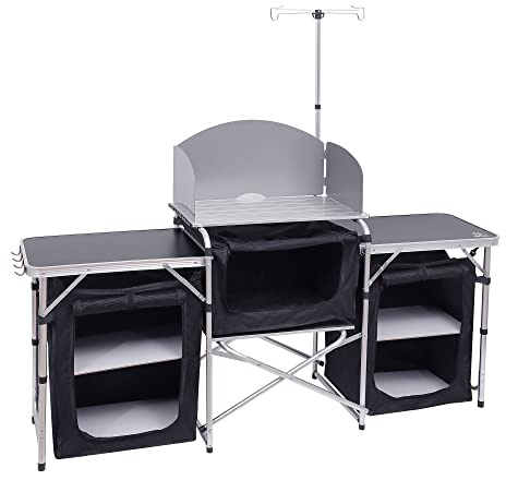 Nice C Camping Kitchen Table, Folding Grill Table, Upgrade Light Stand and Windshield Cooking Station & 3 Organizers, Carry Bag for Outdoor, Beach, BBQ, Picnic, Cooking, Indoor, Office(Silver)
