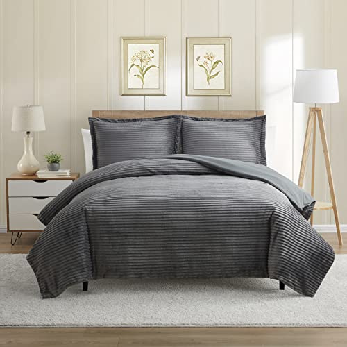 Nestl Premium Flannel Duvet Cover Set - 3 PC Reversible Queen Comforter Cover Set with Microfiber Back - 1 Velvet Duvet Cover Queen with Zipper Closure & 2 Pillow Shams 90 x 90 inches - Charcoal Gray