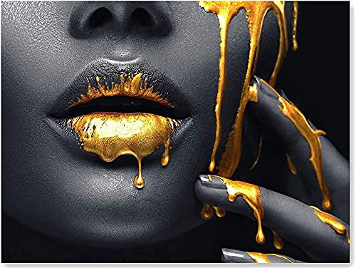 LXTOPN Modern Frau Gesicht Leinwand Kunst Wandbild, Schwarz Gold Frauen Lippen, Wohnzimmer Deko, Kein Rahmen (120x70cm)