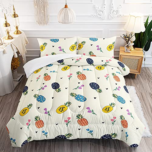 Farbiges Obst-Bettwäsche-Set, moderne schlichte Ananas-Bettwäsche, Tagesdecke für Kinder und Erwachsene, lebendige grüne Blätter und Ananas, Schlafzimmer-Dekor mit 2 Kissenbezügen (Farbe, Doppelbett)