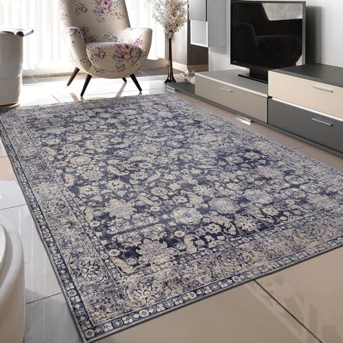 TALETA Teppich Wohnzimmer, waschbar, weicher Kurzflor Teppich für Wohnzimmer, Schlafzimmer - Navy blau, Groß: 120 x 170 cm