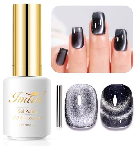 Imtiti Cat Eye Gel Nail Polish, 15ML Dark Gray Crystal Glitter, Magnetic Gel Polish With Magnet, Holographic Galaxy Sparkly, Soak Off UV Led Manicure Nail Salon Kit