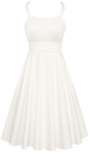 Belle Poque Sommer Ärmelloses A-Linie Cami-Kleid Hohe Taille Spaghetti-Träger Fließendes Tee Party Kleid Weiß BP0928-11 XL