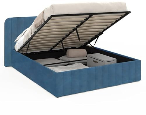 IDMarket - Lit Coffre Double Alba avec tête de lit et sommier 140 x 190 cm Velours Bleu