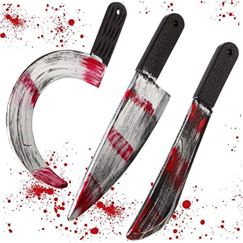 Grtheenumb Halloween Costome Cuter, 3Pcs Bloody Fake Cuter Halloween Machete Toy, Plastic Halloween Butcher Bloody Sickle Prop
