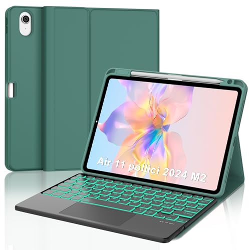 Custodia Tastiera per iPad Air 11 (M3) 2025/ (M2) 2024, Compatibile con iPad Pro 11 (4th/3rd/2nd/1st Gen) Air 6th/5th/4th Gen, Touchpad Intelligente, Retroilluminazione a 7 colori, Verde Scuro