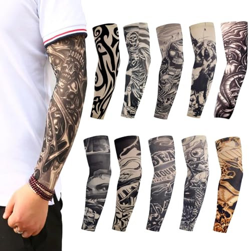 QSZHSL 10 Pièces Manches de Tatouage pour Hommes Femmes, Manches Faux Tatouage, Tatouage Temporaire Manchettes de Bras Faux Tatouage Tatoo, Couvre Manches pour Tatouages de Bras, pour Fête, Carnaval