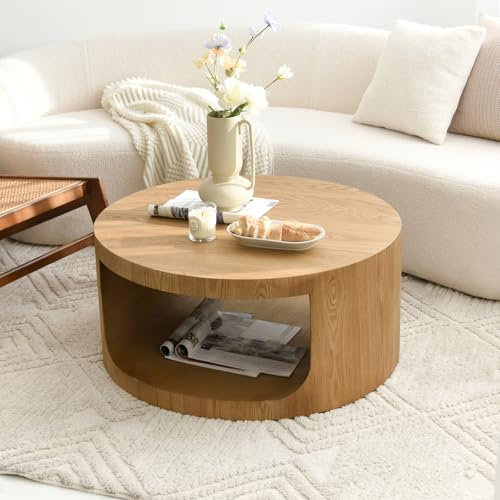 Couchtisch Rund Holz, Runde Wohnzimmertisch 2-Tier, Natur Rustikal Kaffeetische, Tisch mit Stauraum, für Wohnzimmer Schlafzimmer, Vollständig Zusammengebaut Wohnzimmertische,Ø80x36cm (Naturholzton)