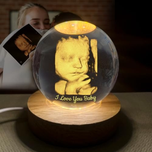 Personalisierter Kristallkugel Ultraschall Fotorahmen, Benutzerdefinierte Baby-Gedenkfotorahmen, Dekoration mit gravierter Porträt-Kristallkugel, Überraschungsgeschenk für die werdende Mutter Vater
