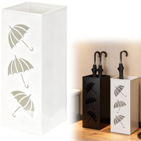 CEWROM Schirmständer, Regenschirmständer aus Metall, Wasserdichter und Rostfreier Quadratischer Freistehender Schirmständer Regenschirm, Abnehmbare Abtropfschale für Haus, Büro, Eingangsbereich (Weiß)