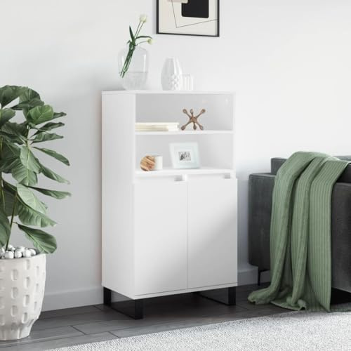 Fangmaliuyun Highboard Weiß 60x36x110 cm Holzwerkstoff mit Metallfüßen Modernes Sideboard Küche Wohnzimmer Esszimmer Flur mit 6 Fächern Stauraum und Tür für Geschirr & Bücher