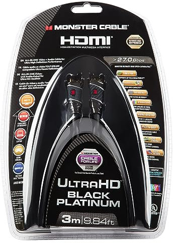 MONSTER - Black Platinum - Câble HDMI - Résolution 4K - pour PC, Home Cinema ou Studio - Vidéo HDR - 27 GBPS - Vitesse Éclair - Connecteurs en Or - 3 m - Garanti à Vie - Noir