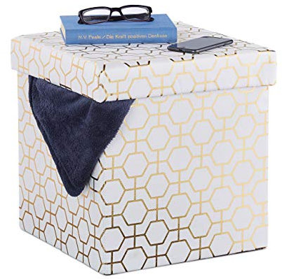 Relaxdays Sitzwürfel faltbar, gepolsterter Sitzhocker mit Deckel, geometrisches Muster, Stauraum, 38x38x38 cm, weiß-gold