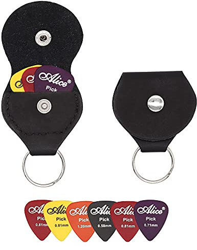 KSTEU 1 Stück Leder Plektrum Halter Guitar Picks Plektrumhalter Schlüsselring und 6 Stück doppelseitig bunte Zelluloid-Material Gitarrenplektren,Universal für Gitarre, Ukulele, Bass