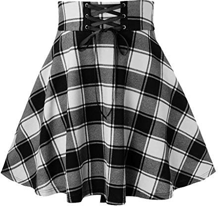 Damen A-Line Rock Faltenrock Kariert Mädchen Plissee Röcke mit Schnürung Basic Mini Skirt