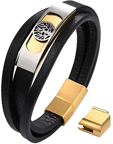 JewelryWe Bracelet pour Hommes Personnalisable en Acier Inoxydable Incurvé de la Marque Arbre de Vie avec Boucle Magnétique Réglable Amovible (Or, Non personnalisable)