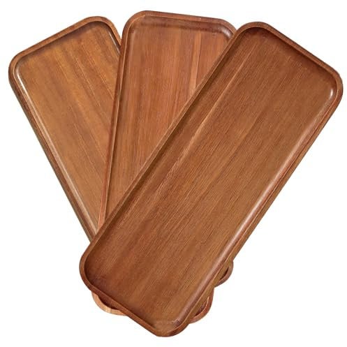HOMKULA Wood Serving Tray - 3 Pack, Acacia Wooden Serving Platter, Rectangular Mini Charcuterie Boards for Decor, Food, Cheese, Appetizer, Fruit, Vegetable, Party, 14x5.5