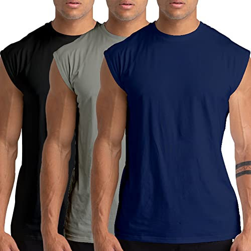 Holure 3 Pack Men's Gym Tank Tops Workout Sleeveless T-Shirts Athletic Muscle Tank Training Bodybuilding Shirts Black/Grey/Navy 04-L