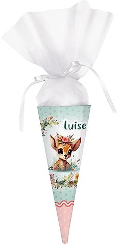 Striefchen® Personalisierte eckige Schultüte für Mädchen Motivwahl, 2 Größen 28 cm - Reh