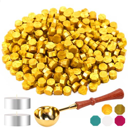 Foonii 300 Stück Siegelwachs Perlen Set mit 1 Schmelzlöffel, 2 Teelichte | Siegellack Perlen Set für Umschlag/Einladungen/Karten/Geschenk (Gold)