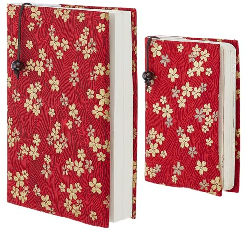 WEBEEDY 2 Stück Kirschstoff Taschenbuchumschlag Verstellbare Stoffbuchhülle Blumenwaschbarer Buchschutz Passend Für A5 & A6 Lehrbücher Schulbedarf Buchliebhaber Geschenke Rot