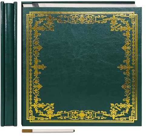 Vienrose Großes Selbstklebendes Fotoalbum Kunstleder Fotoalbum zum Selbstgestalten 32,5x33,5 cm Vintage Bedrucktes Erinnerungsalbum DIY 120 Seiten mit Metallic Stift, Dunkelgrün