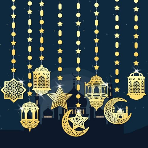 CaiTang 8 Stück Eid Mubarak Girlande, Ramadan Mubarak Banner, Gold Stern Mond Dekorationen Set, für Muslim Islamic Party Ramazan Dekor