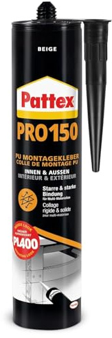 Pattex PRO 150 Montagekleber, extrem schnell & starr aushärtender Baukleber für Holz, Keramik, Naturstein & mehr*, lösemittelfreier Kleber für Reparaturen innen & außen, Beige, 1x495g