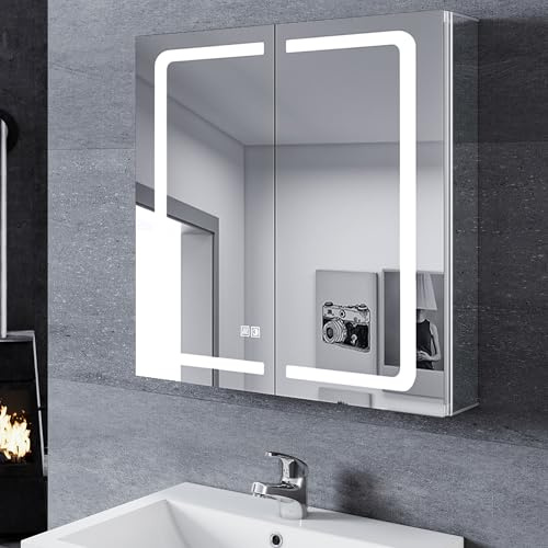SONNI LED Spiegelschrank Bad und Steckdose 65 x 65 cm, 2 Türiger Aluminum Spiegelschrank mit Touch-Schalter, 3 Lichtfarben + Defogging, Kabelloses Scharnier Design IP44 Badezimmer Medizinschrank