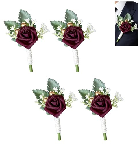 GIONAR 4 Stück Knopflochblumen Hochzeit, handgefertigte Rosen-Boutonniere-Set, künstliche Ansteckblumen für Bräutigam, Herren, Brautschmuck, Frauen, Abschlussball, Bankett, Knopflöcher für