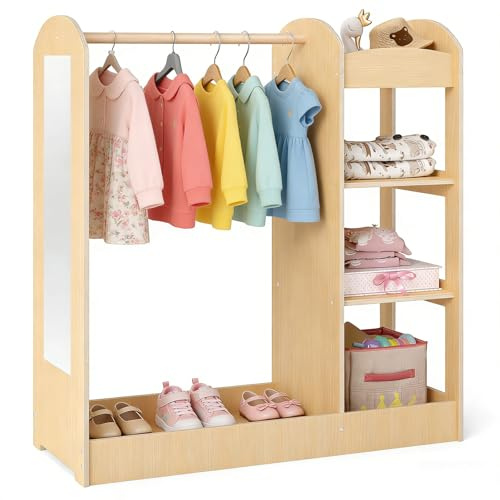 DREAMADE Portant Enfant avec Miroir et Étagère Penderie Fille 2+ Ans en Bois avec Tringle à Vêtements Garde-Robe Tout-Petits Jolie & Robuste & Stable (Naturel)