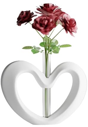 Shapes - Decorations Herz Vase Modern, Recycelter Kunststoff, Minimalistische Tischvase mit Glasröhrchen für Einzelblume, Matt Finish, 18 x 13 cm, Wasserdicht, Valentinstag (Weiß)