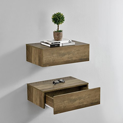 [en.casa] Wandregal Oslo mit Schublade 2er Set Nachttisch schwebende Nachtkommode Hängeregal Wandboard Nachtkonsole 46x30x15cm Holzfarben