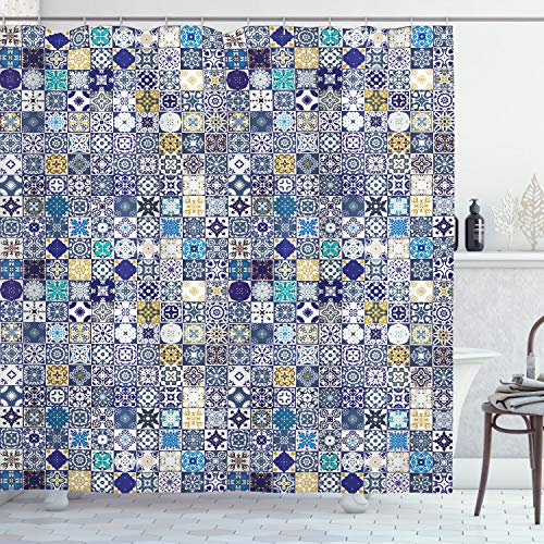 ABAKUHAUS marokkanisch Duschvorhang, Mittelmeer-Weinlese, Stoffliches Gewebe Badezimmerdekorationsset mit Haken, 175 x 240 cm, Indigo Blau