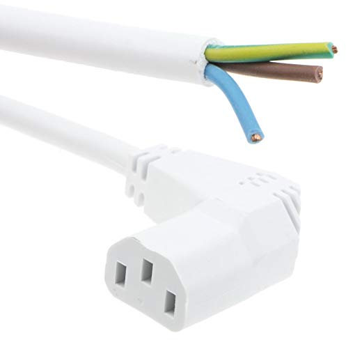 kenable IEC C13 Right Angle Kettle Lead to 3 Core Bare End 10A Cable 5m White [5 metres]
