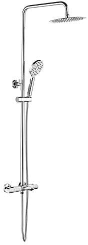 Ibergrif M21810 Duscharmatur Komplettset, Duschsystem mit Thermostat, Duschgarnitur mit Regendusche Handbrause, Thermostat, Wanneneinlauf, Brauseschlauch, Duschstange, Chrom, Silber
